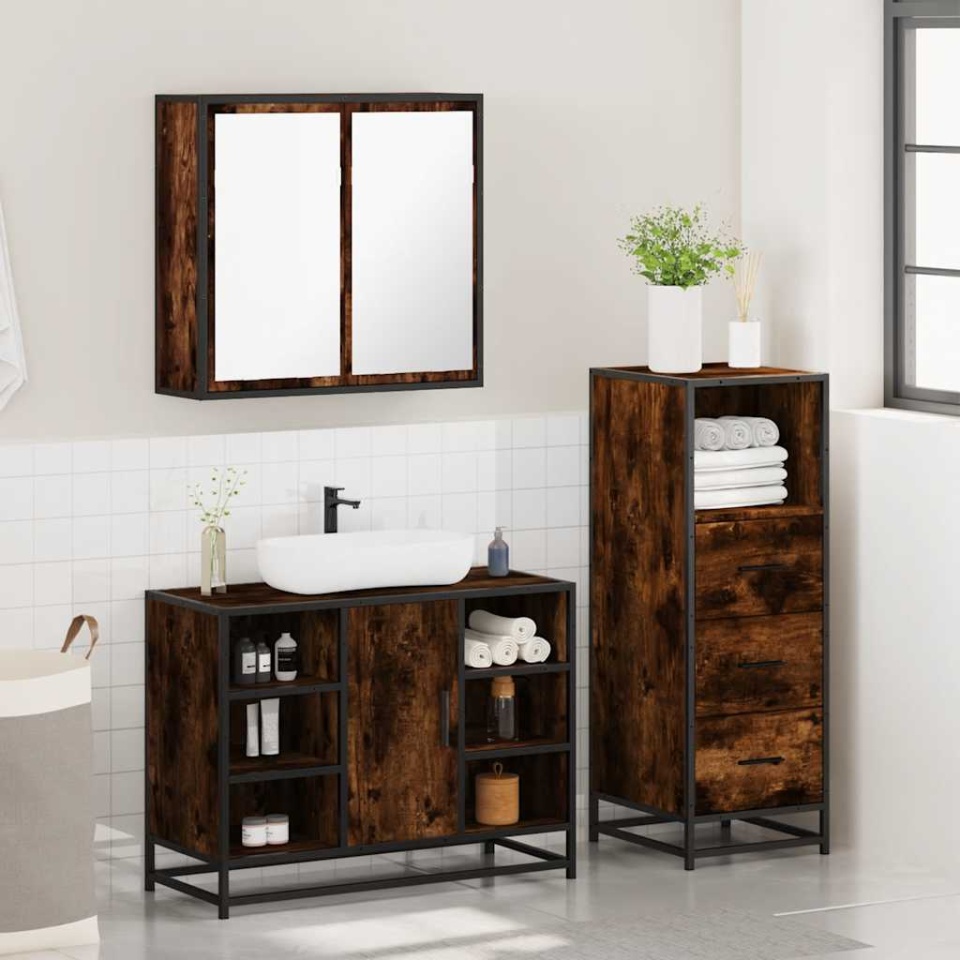 Set mobilier de baie, 3 piese, stejar fumuriu, lemn prelucrat - 3 | YEO