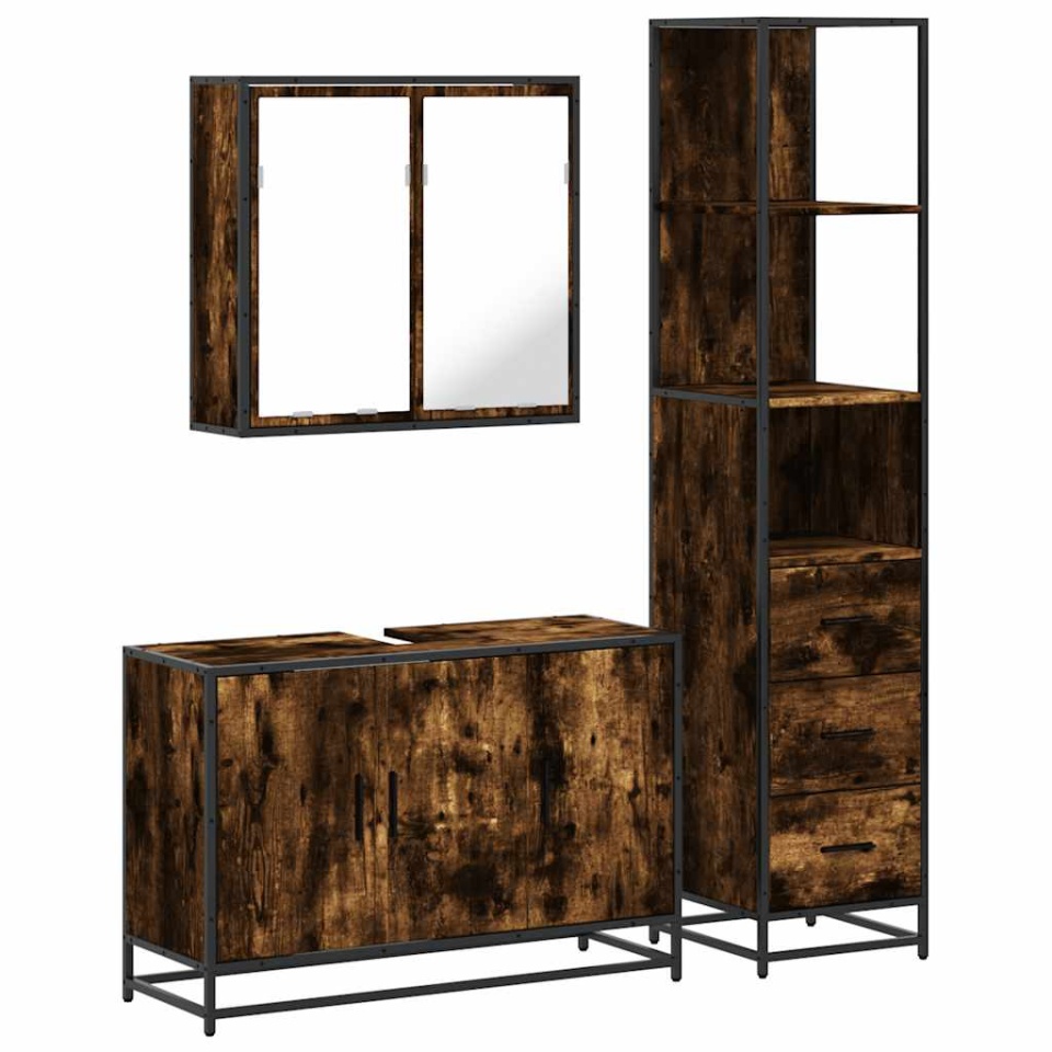 Set mobilier de baie, 3 piese, stejar fumuriu, lemn prelucrat - 1 | YEO