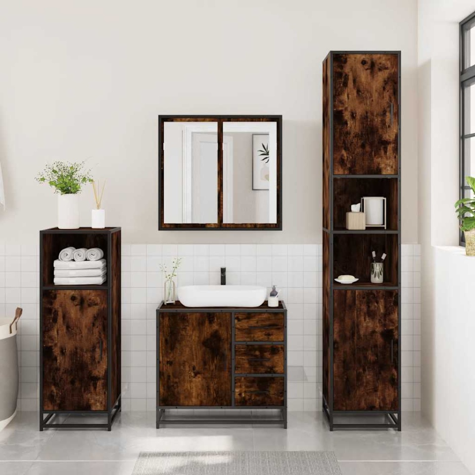 Set mobilier de baie, 3 piese, stejar fumuriu, lemn prelucrat - 2 | YEO