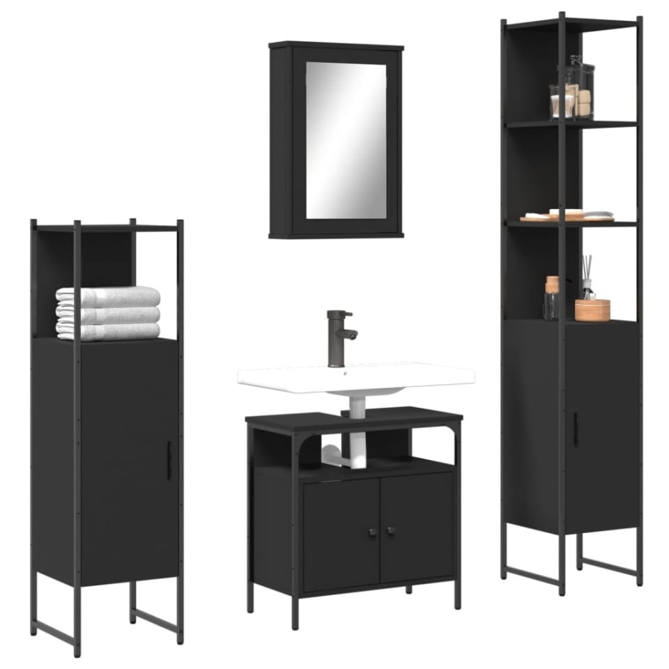 Set mobilier de baie, 4 piese, negru, lemn prelucrat