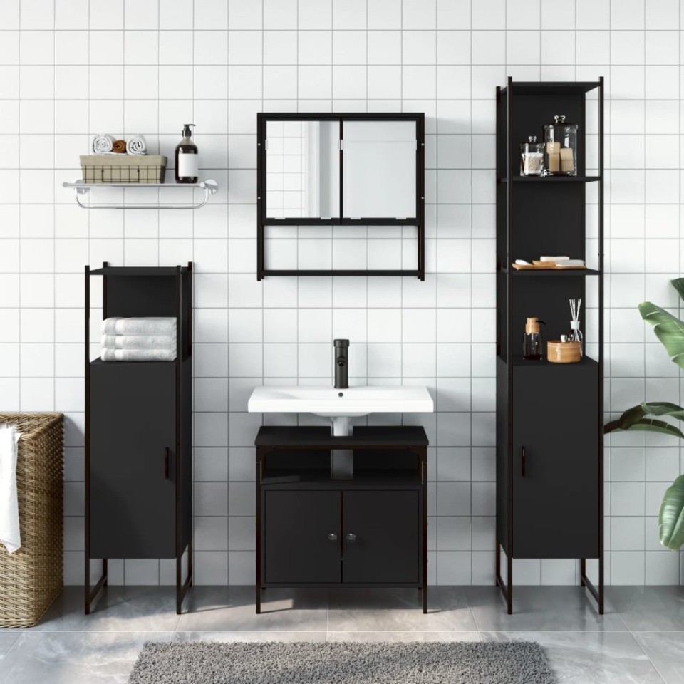 Set mobilier de baie, 4 piese, negru, lemn prelucrat - 2 | YEO