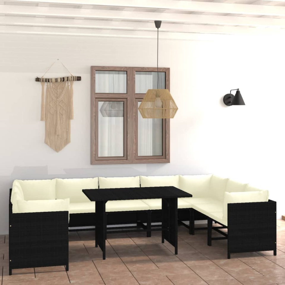 Set mobilier de grădină cu perne, 10 piese, negru, poliratan