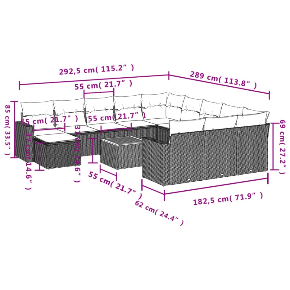 Set mobilier de grădină cu perne, 13 piese, negru, poliratan - 2 | YEO