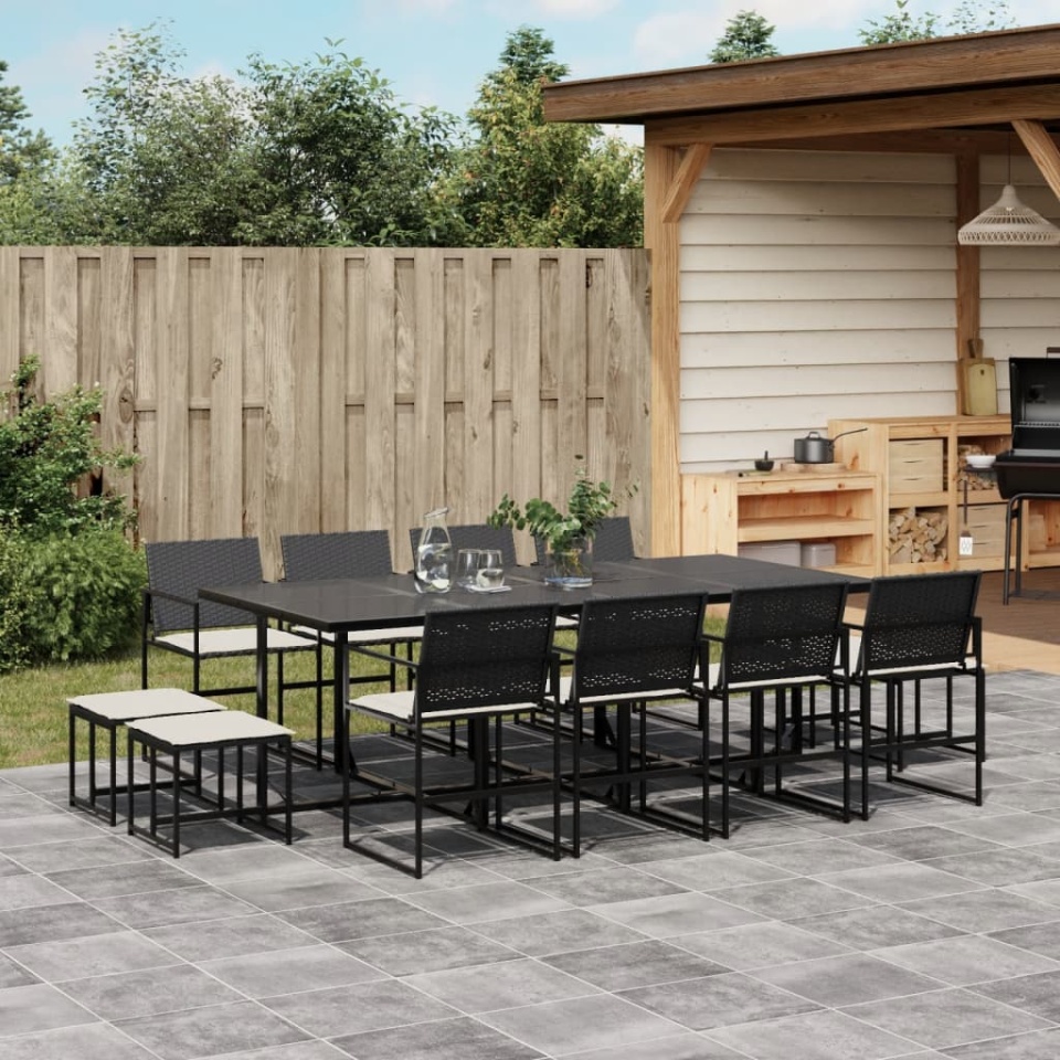 Set mobilier de grădină cu perne, 13 piese, negru, poliratan