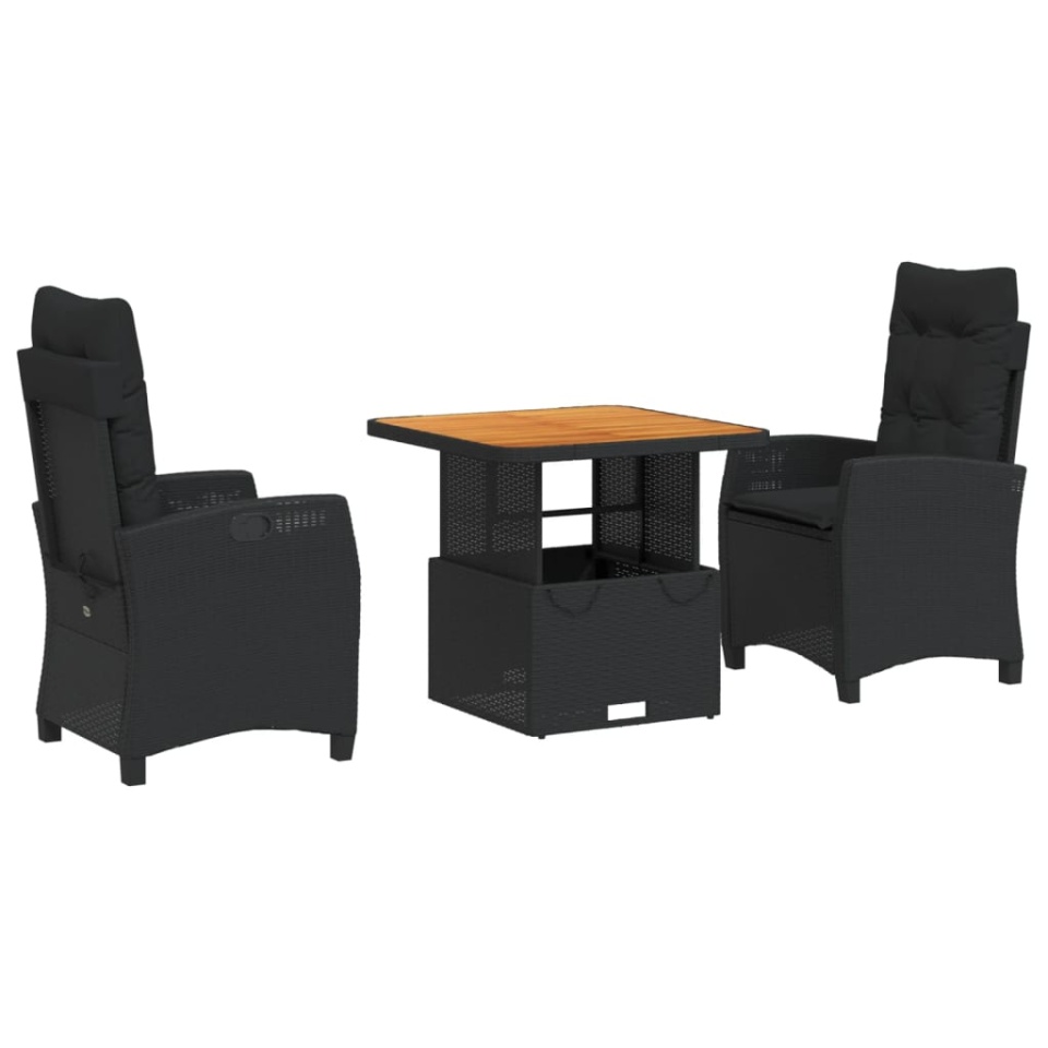 Set mobilier de grădină cu perne, 3 piese, negru, poliratan - 1 | YEO
