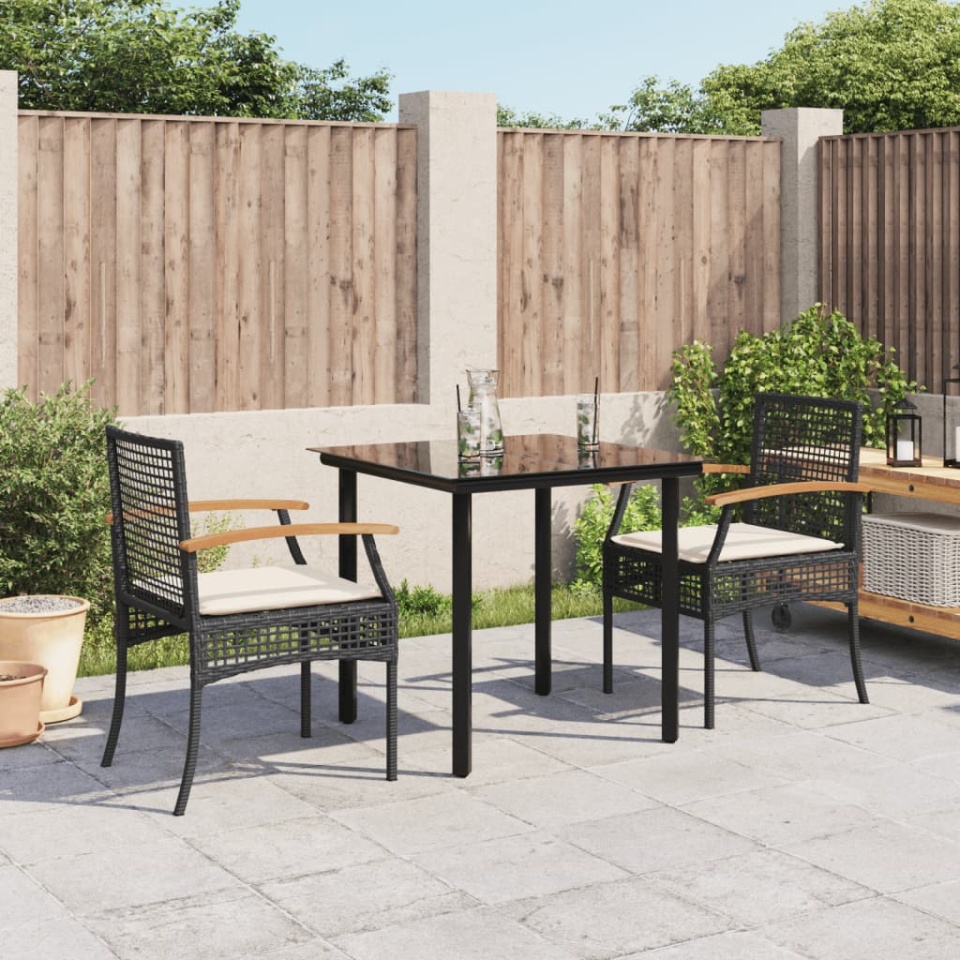 Set mobilier de grădină cu perne, 3 piese, negru, poliratan