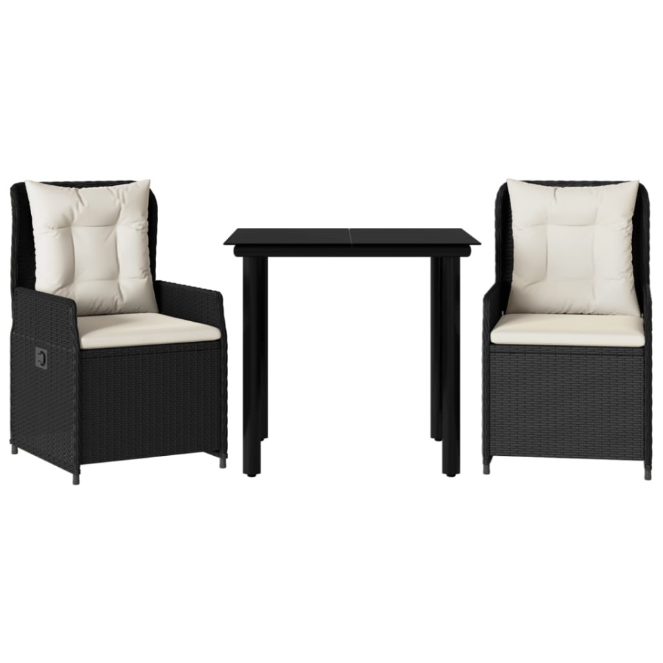 Set mobilier de grădină cu perne, 3 piese, negru, poliratan - 1 | YEO