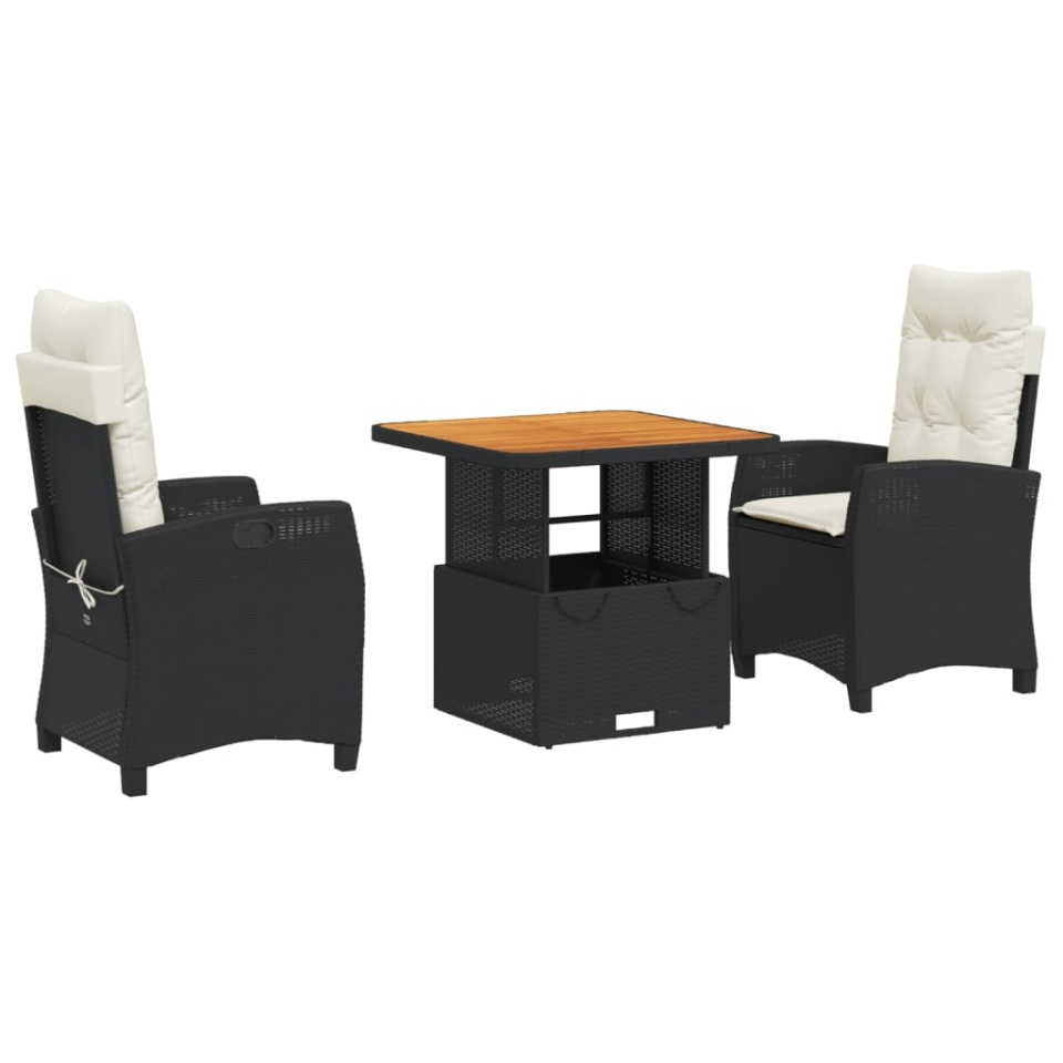 Set mobilier de grădină cu perne, 3 piese, negru, poliratan - 1 | YEO
