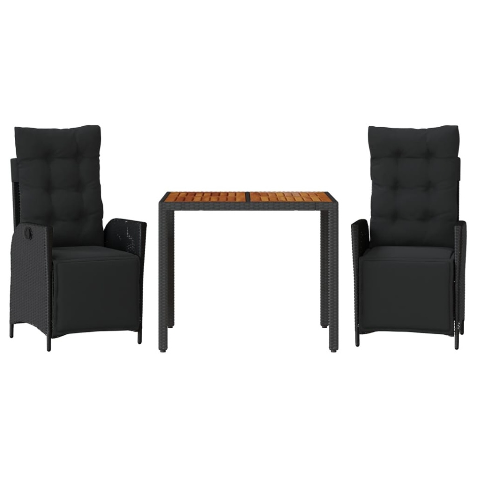 Set mobilier de grădină cu perne, 3 piese, negru, poliratan - 1 | YEO