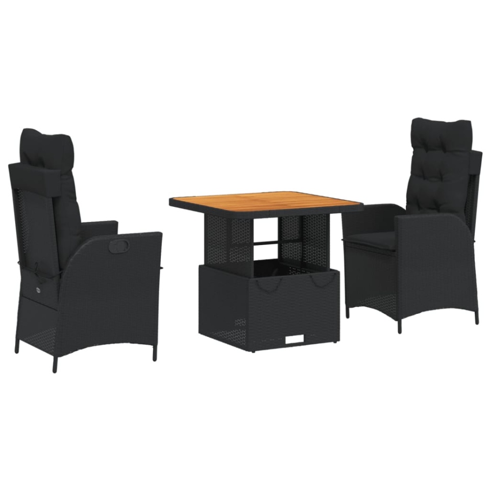 Set mobilier de grădină cu perne, 3 piese, negru, poliratan - 1 | YEO