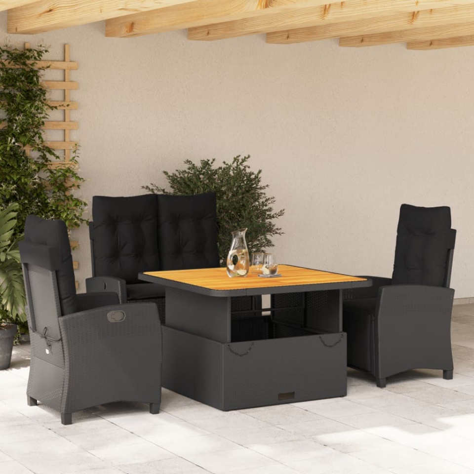 Set mobilier de grădină cu perne, 4 piese, negru, poliratan