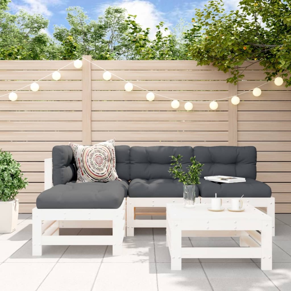Set mobilier de grădină cu perne, 5 piese, alb, lemn masiv