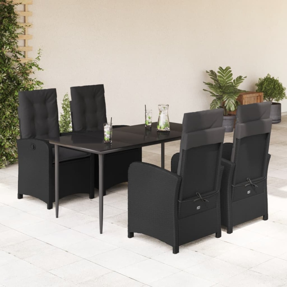 Set mobilier de grădină cu perne, 5 piese, negru, poliratan