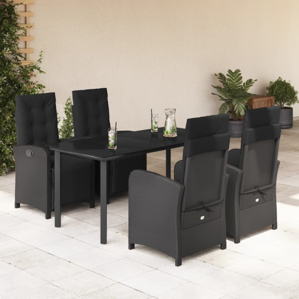 Set mobilier de grădină cu perne, 5 piese, negru, poliratan