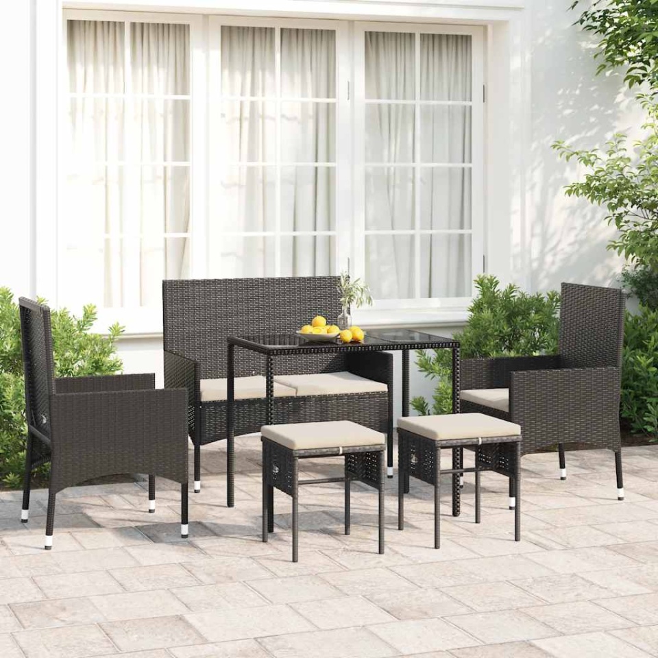 Set mobilier de grădină cu perne, 6 piese, negru, poliratan