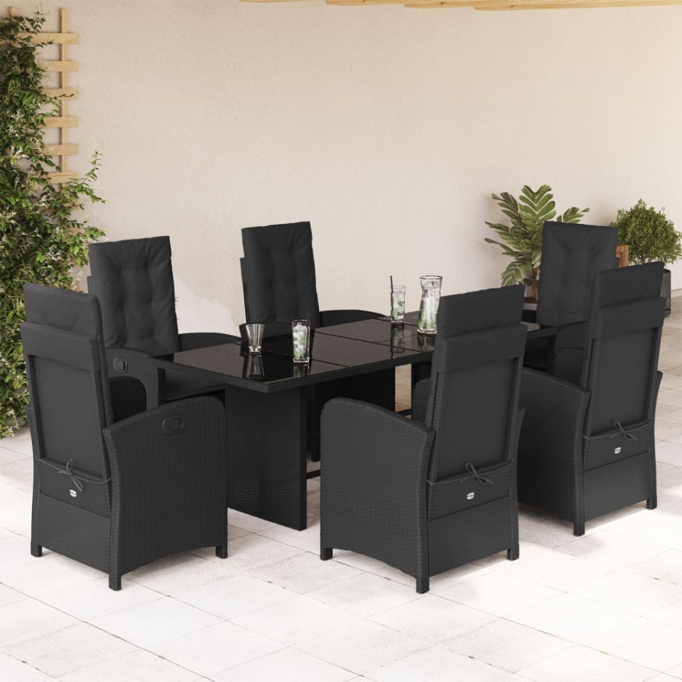 Set mobilier de grădină cu perne, 7 piese, negru, poliratan