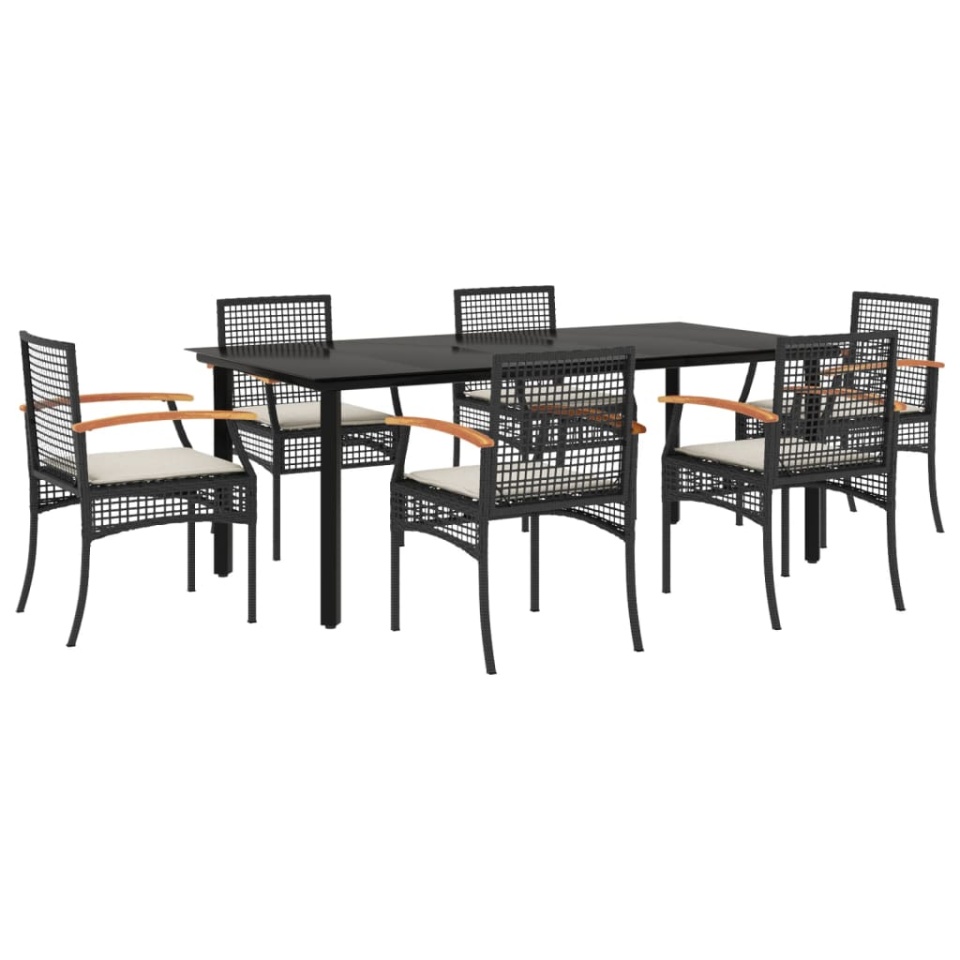 Set mobilier de grădină cu perne, 7 piese, negru, poliratan - 1 | YEO