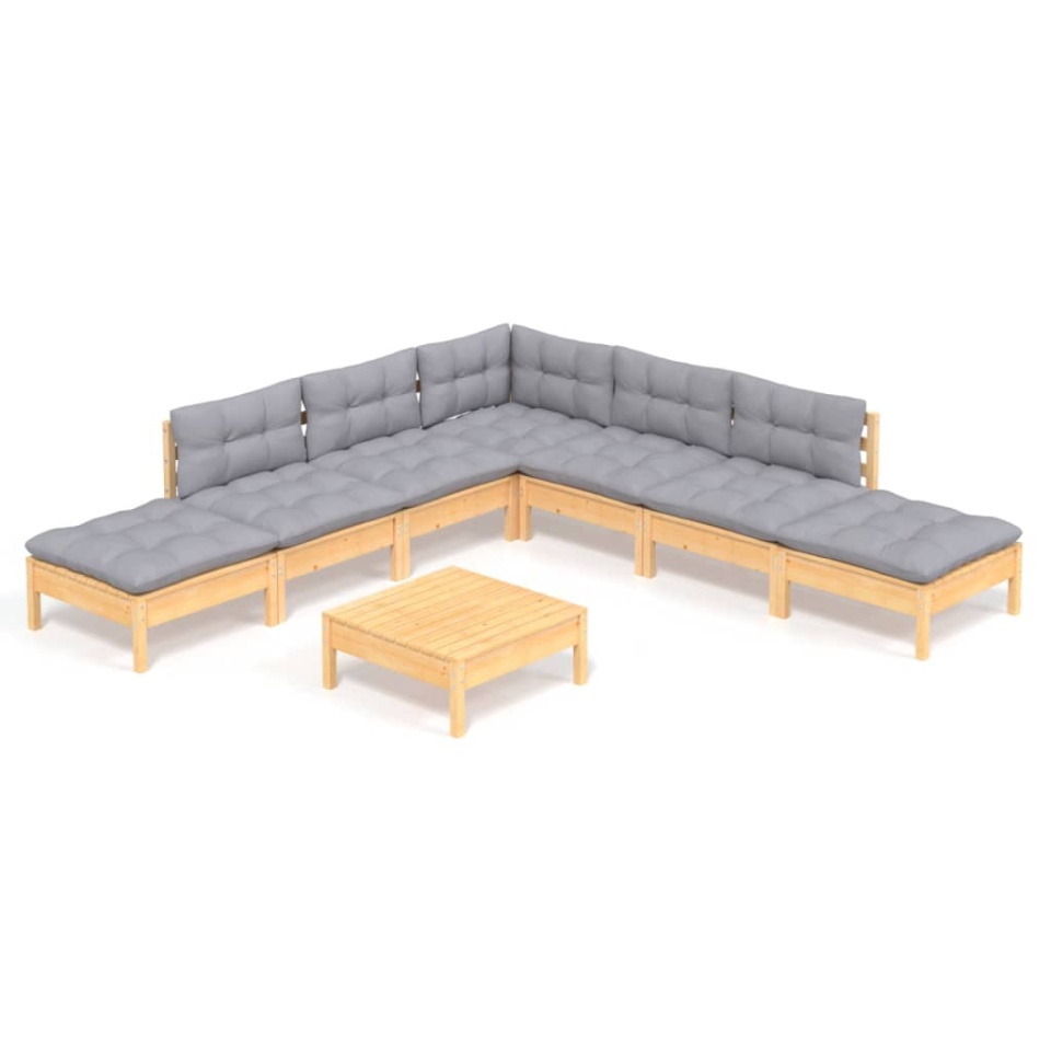 Set mobilier de grădină cu perne, 8 piese, gri, lemn de pin - 1 | YEO