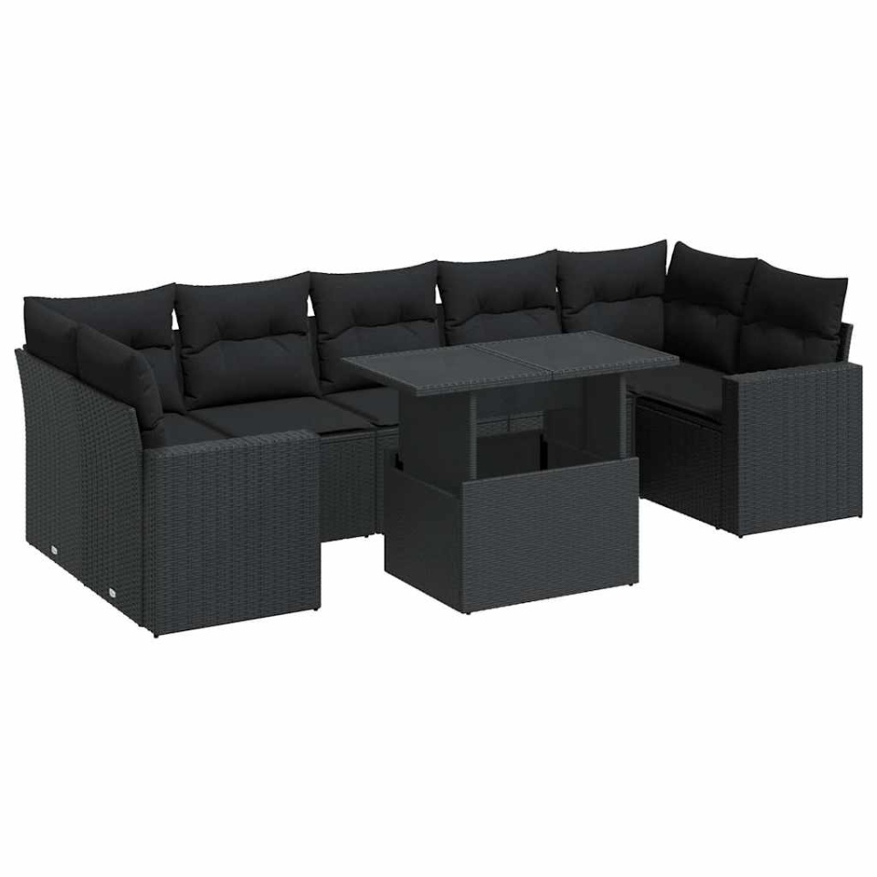 Set mobilier de grădină cu perne, 8 piese, negru, poliratan - 1 | YEO