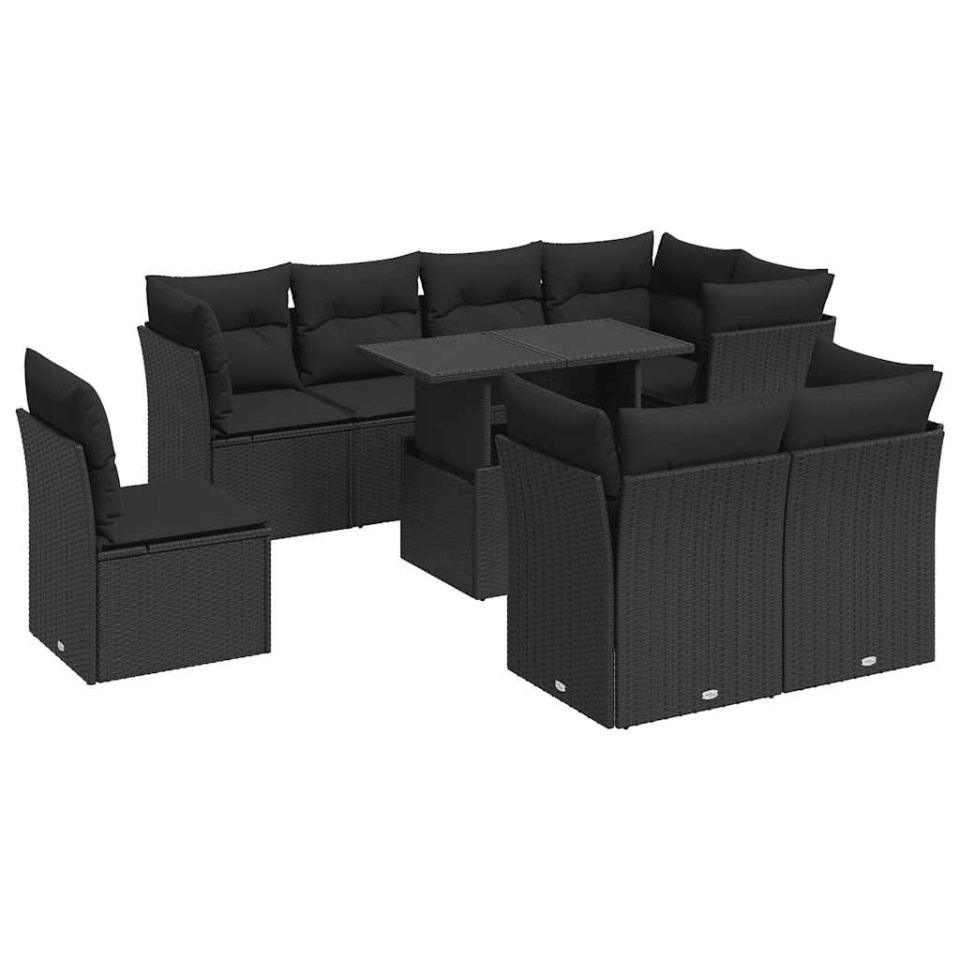 Set mobilier de grădină cu perne, 9 piese, negru, poliratan - 1 | YEO