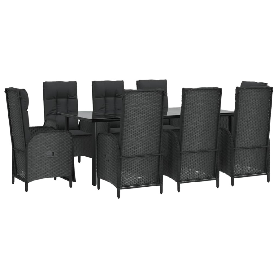 Set mobilier de grădină cu perne, 9 piese, negru, poliratan - 2 | YEO