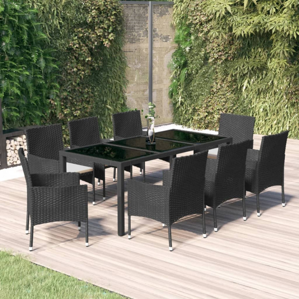 Set mobilier de grădină cu perne, 9 piese, negru, poliratan