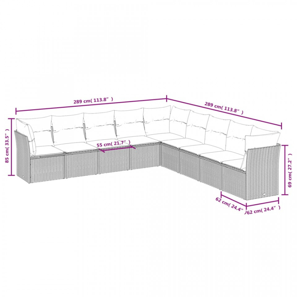 Set mobilier de grădină cu perne, 9 piese, negru, poliratan - 2 | YEO