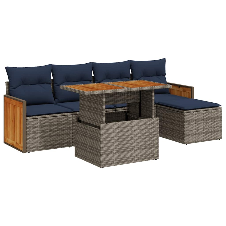 Set mobilier grădină cu perne 6 piese gri poliratan/lemn acacia - 1 | YEO