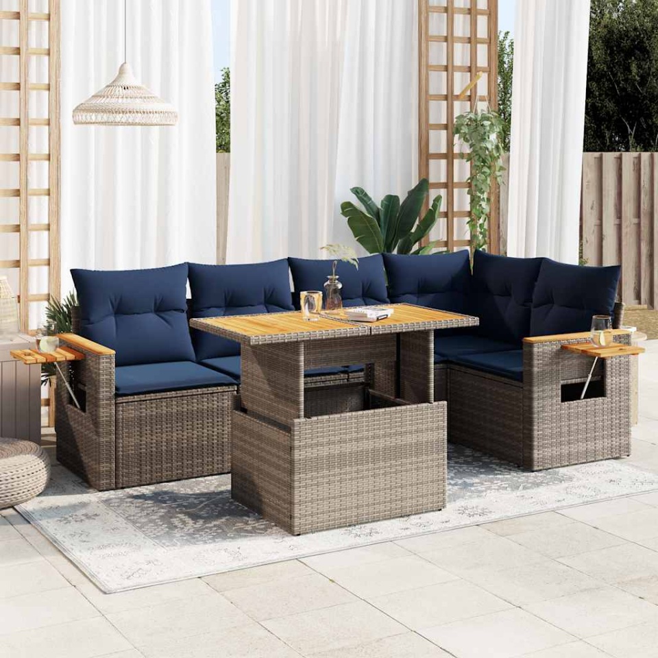 Set mobilier grădină cu perne 6 piese gri poliratan/lemn acacia