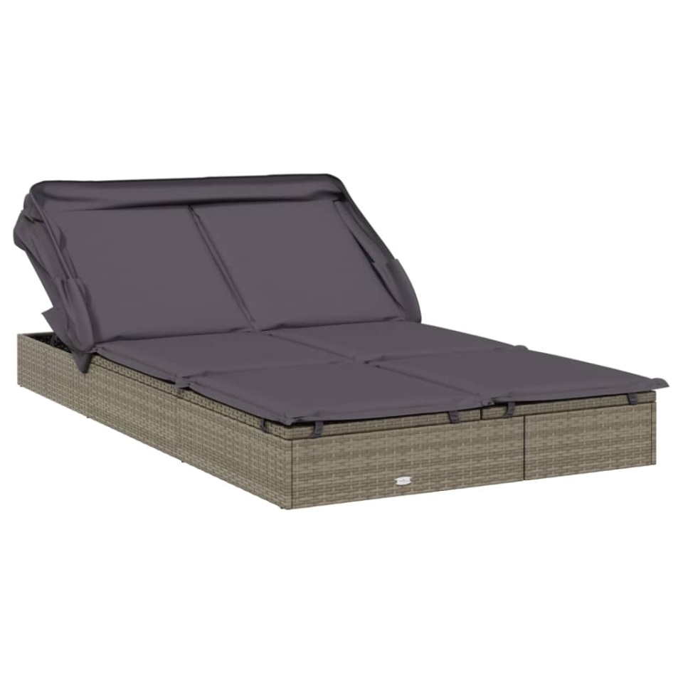 Șezlong 2 pers. acoperiș pliabil gri 213x118x97 cm poliratan - 1 | YEO