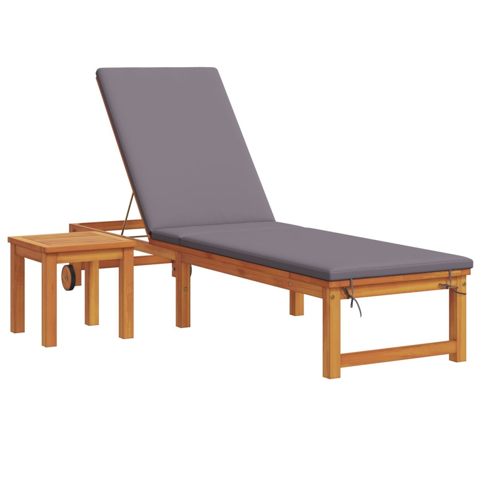 Șezlong pentru soare cu masă și pernă din lemn de acacia, Șezlong pentru soare cu perne gri deschis din lemn de acacia, Masă de grădină laterală 35x35x34 cm din lemn de acacia - 1 | YEO