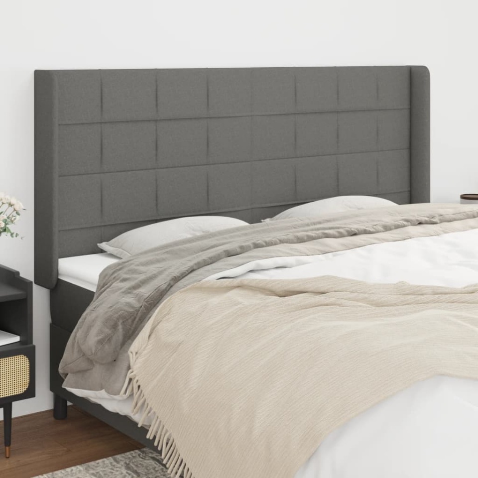 Tăblie de pat cu aripioare gri închis 163x16x118/128 cm textil