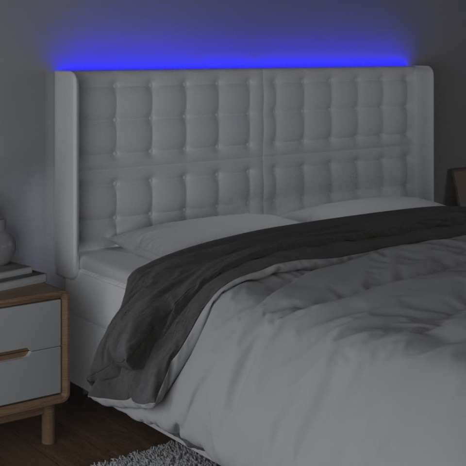 Tăblie de pat cu LED, alb, 147x16x118/128 cm, piele ecologică - 3 | YEO