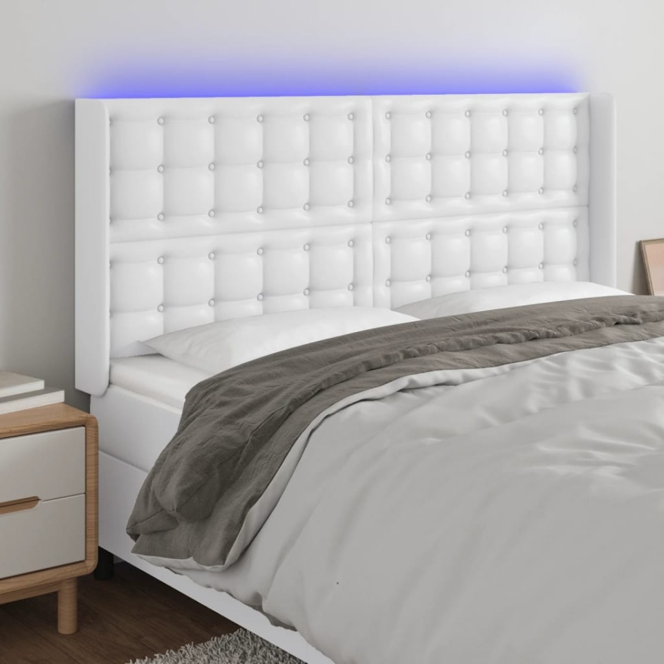 Tăblie de pat cu LED, alb, 203x16x118/128 cm, piele ecologică