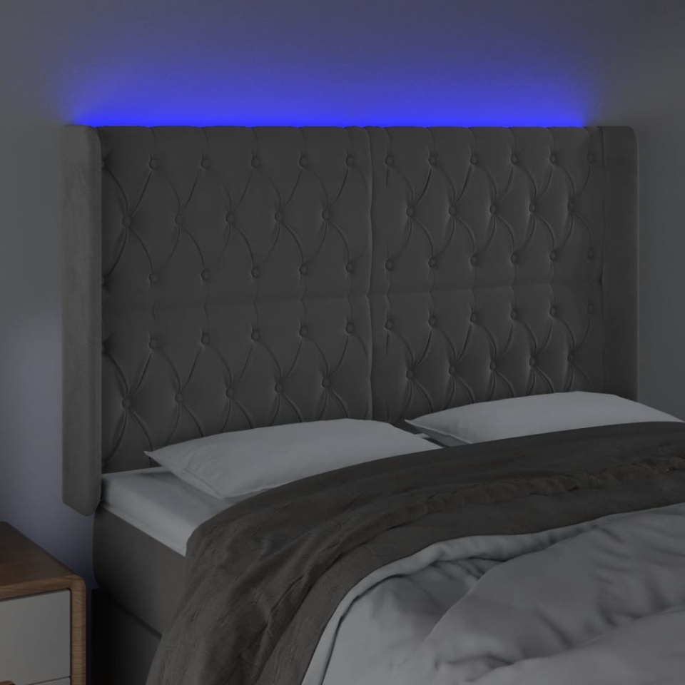 Tăblie de pat cu LED, gri deschis, 147x16x118/128 cm, catifea - 3 | YEO