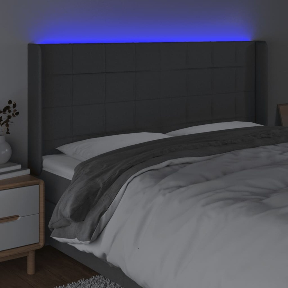 Tăblie de pat cu LED, gri închis, 163x16x118/128 cm, textil - 2 | YEO