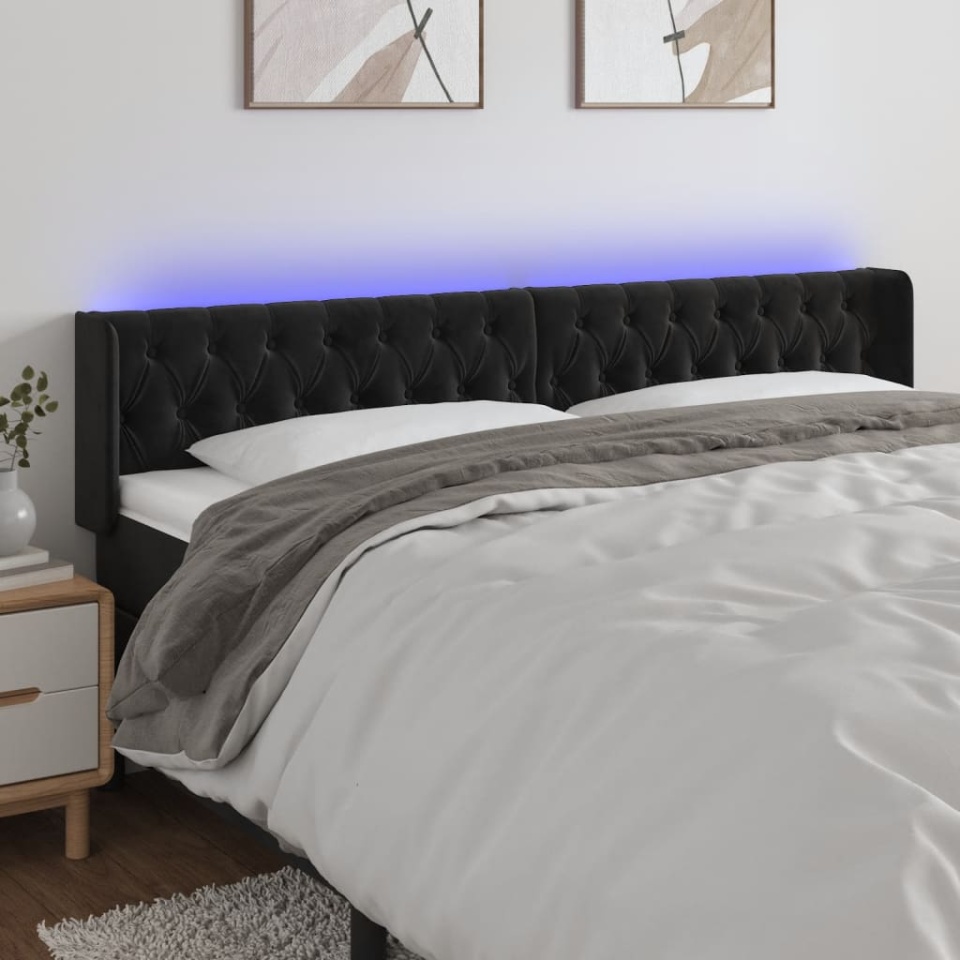 Tăblie de pat cu LED, negru, 183x16x78/88 cm, catifea