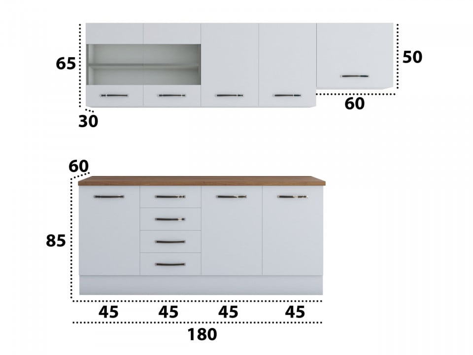 Bucatarie Alfa 240, Corp hota, Cu vitrina, Alb, Blat termic nuc