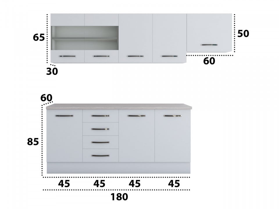 Bucatarie Alfa 240, Corp hota, Cu vitrina, Alb, Blat termic travertin