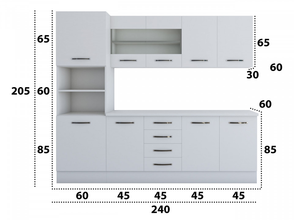 Bucatarie Alfa 240, Soldat, Cu vitrina, Alb, Blat termic alb