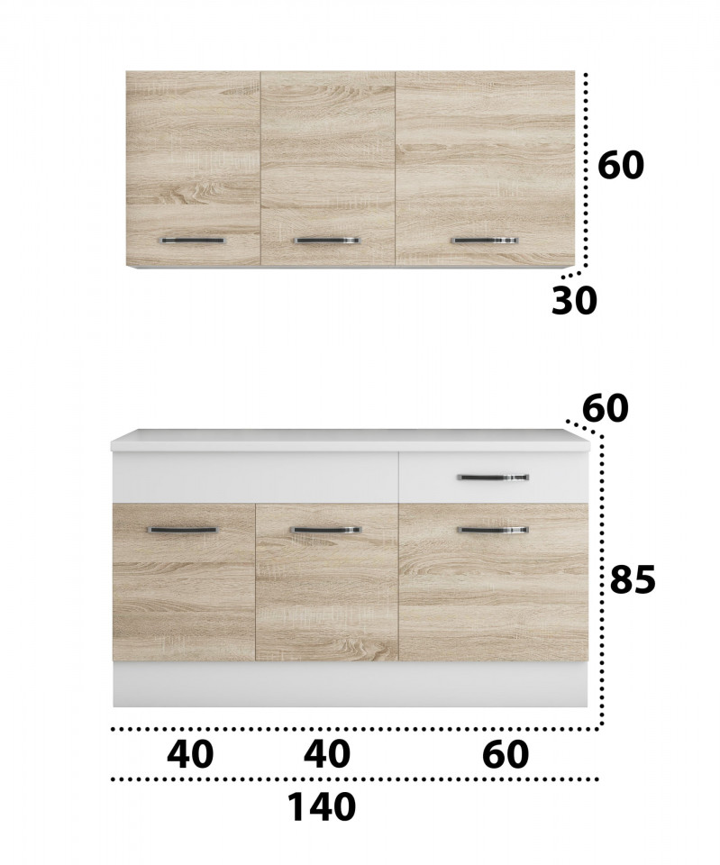 Bucatarie Sofia 140 cm, Sonoma / Alb, Blat termic alb - 3 | YEO