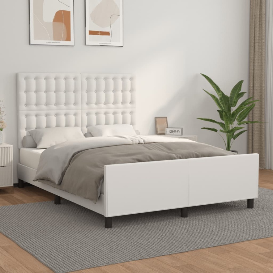 Cadru de pat cu tăblie, alb, 140x190 cm, piele ecologică