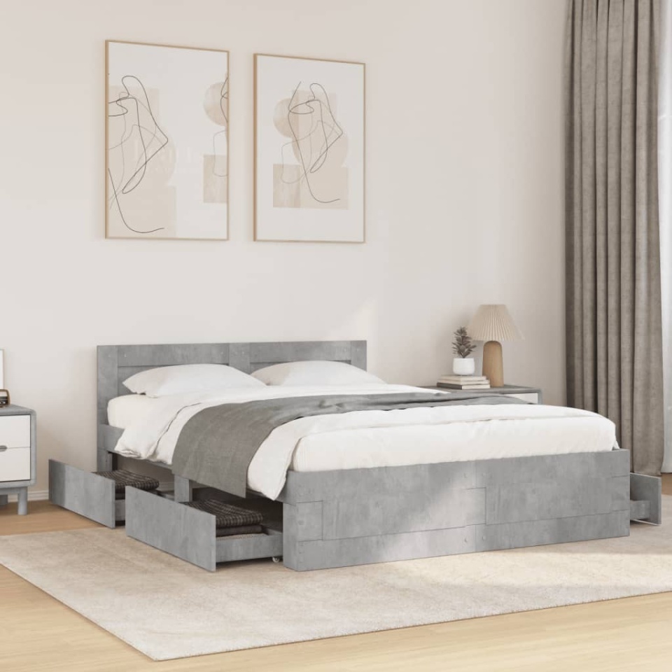 Cadru de pat cu tăblie gri beton 140x200 cm lemn prelucrat