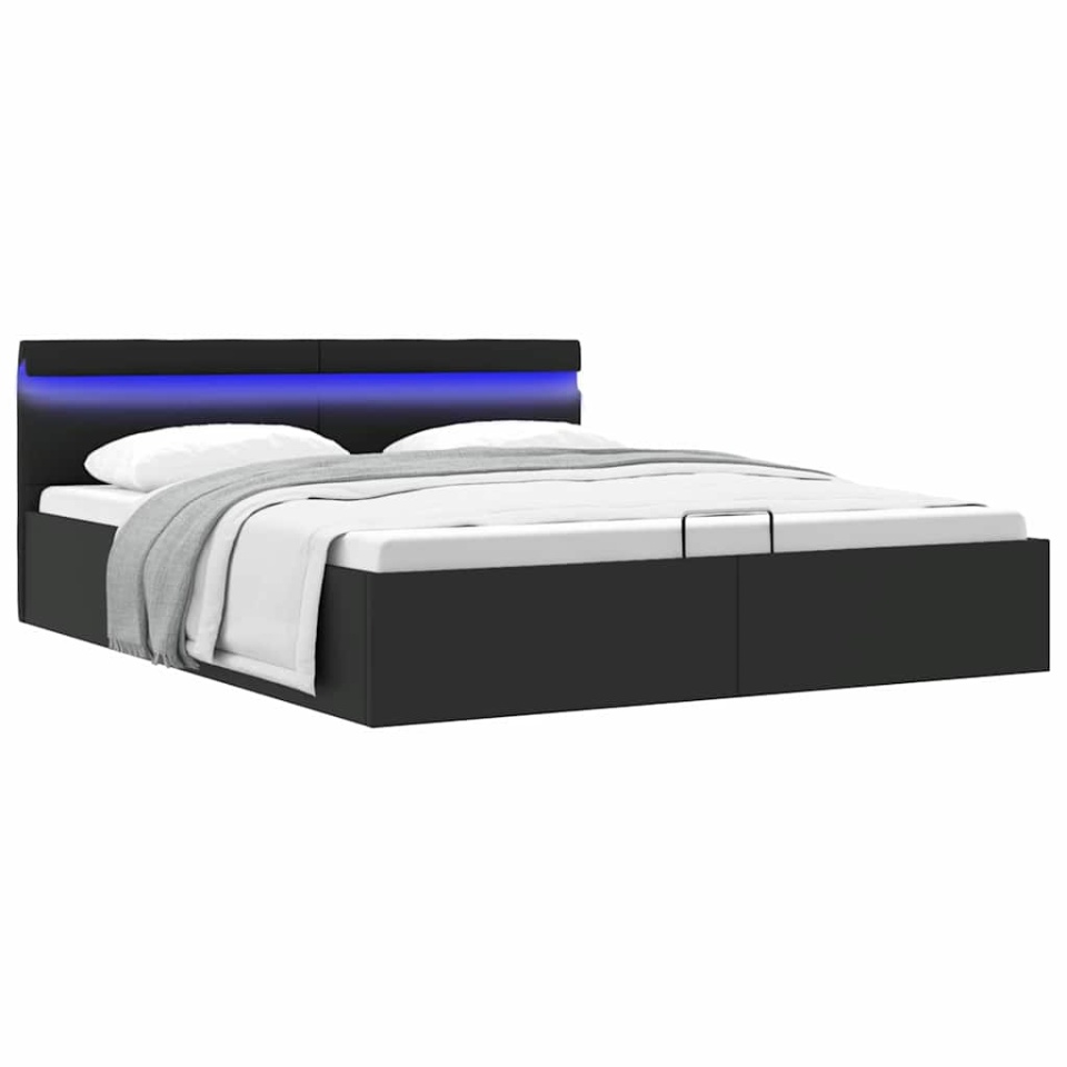 Cadru de pat hidraulic cu ladă LED negru 180 x 200 cm piele eco