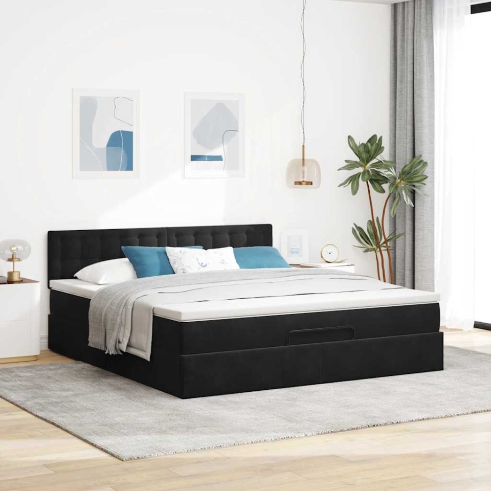 Cadru de pat otoman cu saltea, catifea neagră 180x200cm - 2 | YEO