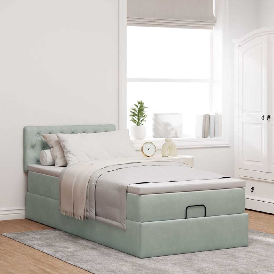 Cadru de pat otoman cu saltea Gri deschis 90x200cm catifea - 3 | YEO
