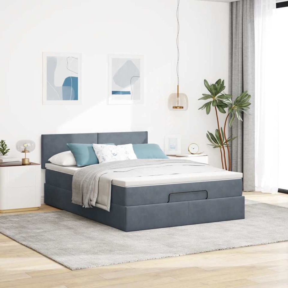Cadru de pat otoman cu saltea Gri închis 140x200cm catifea - 2 | YEO