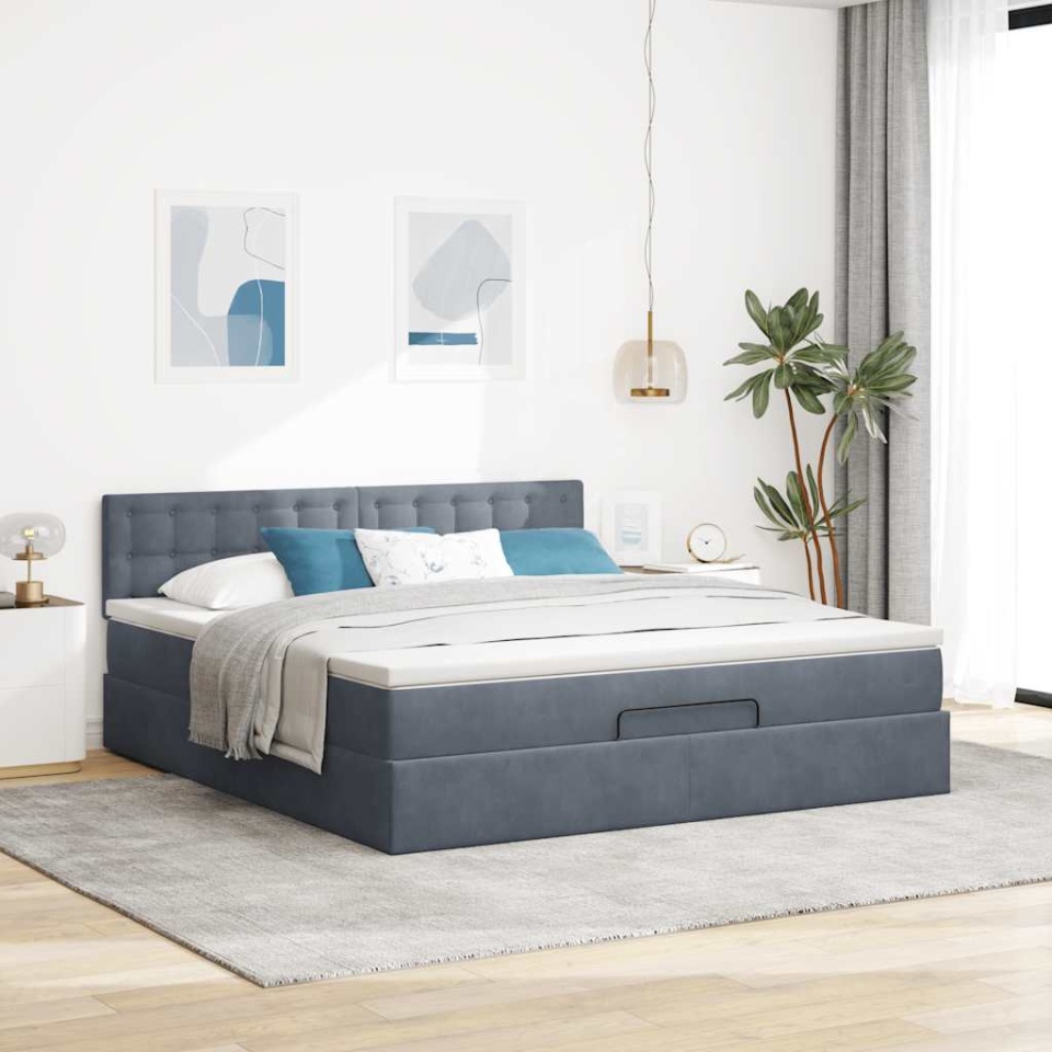 Cadru de pat otoman cu saltea Gri închis 180x200cm catifea - 3 | YEO