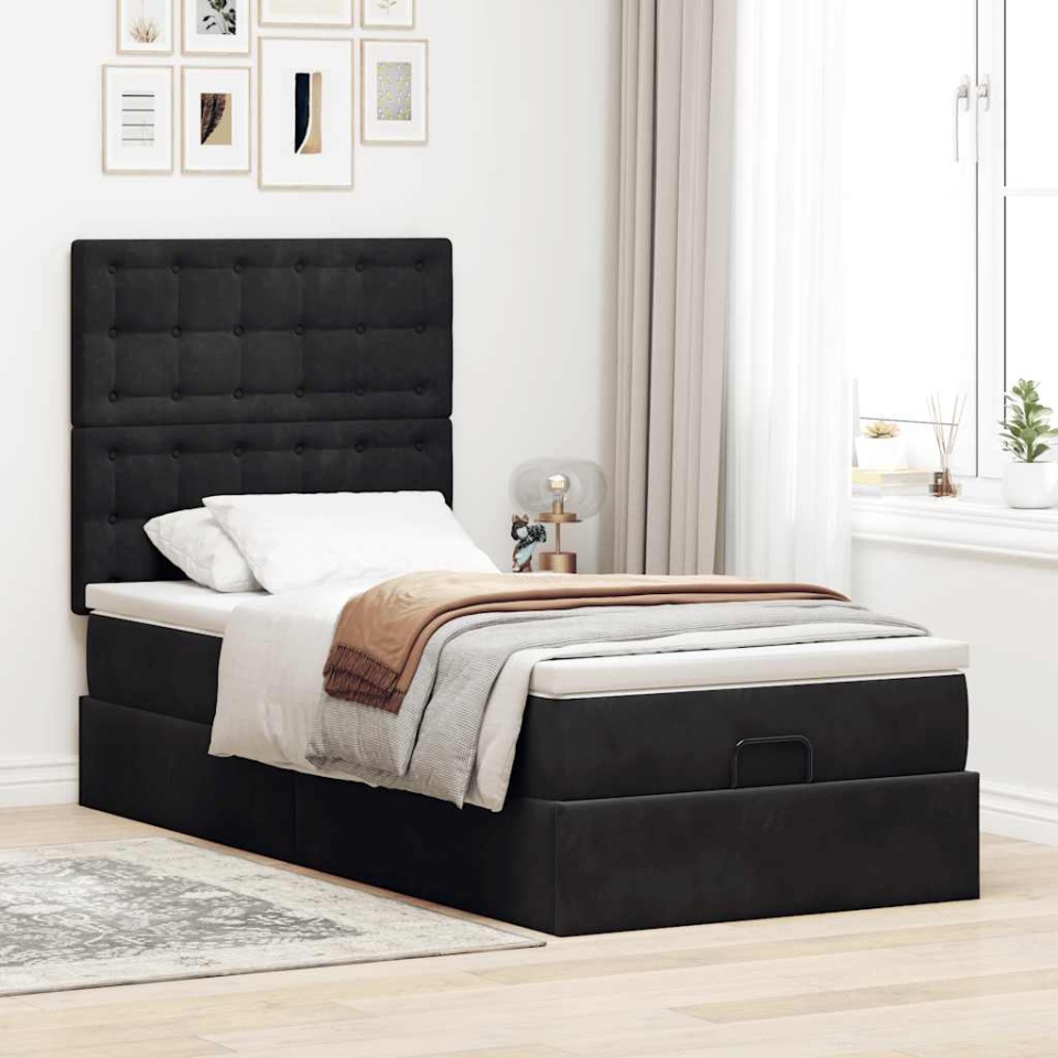Cadru de pat otoman cu saltele, catifea neagră 100x200cm - 3 | YEO