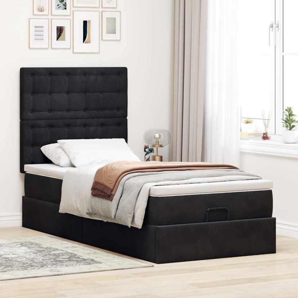 Cadru de pat otoman cu saltele, catifea neagră 100x200cm - 2 | YEO